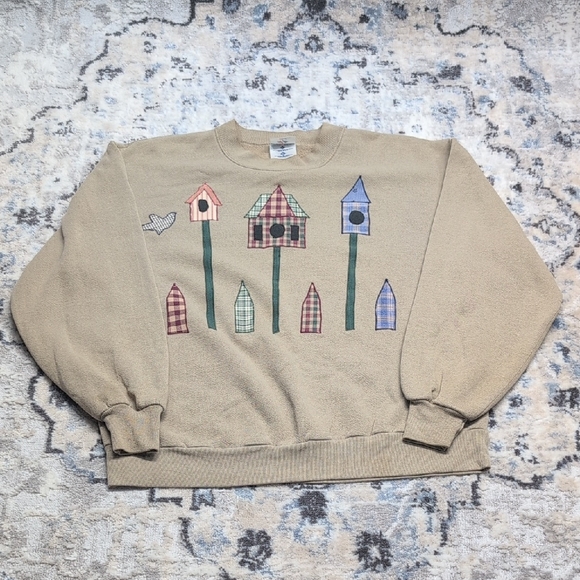 Jerzees Tops - Vintage Jerzees Sweatshirt Large Birdhouse Applique Embroidered Cottagecore